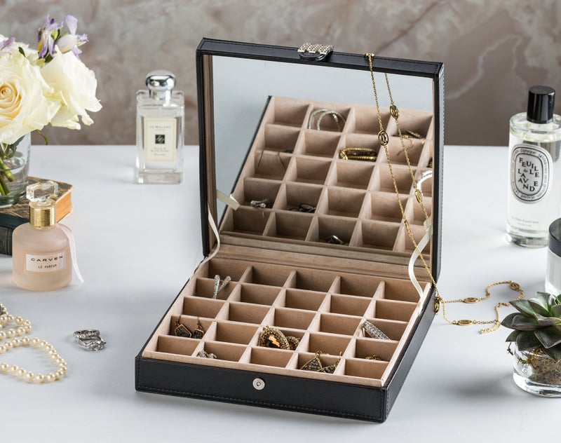 Glenor Co Earring Organizer - Classic 25 Section Jewelry Box/Case/Holder for Earrings, Rings, Necklaces, Jewelry, Cufflinks or Collections. 25 Small Compartments with Elegant Large Mirror - Black - Image 4